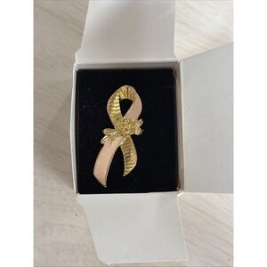 Vintage Avon Gold Tone Pink Enamel Breast Cancer Awareness Ribbon Lapel Pin Rose